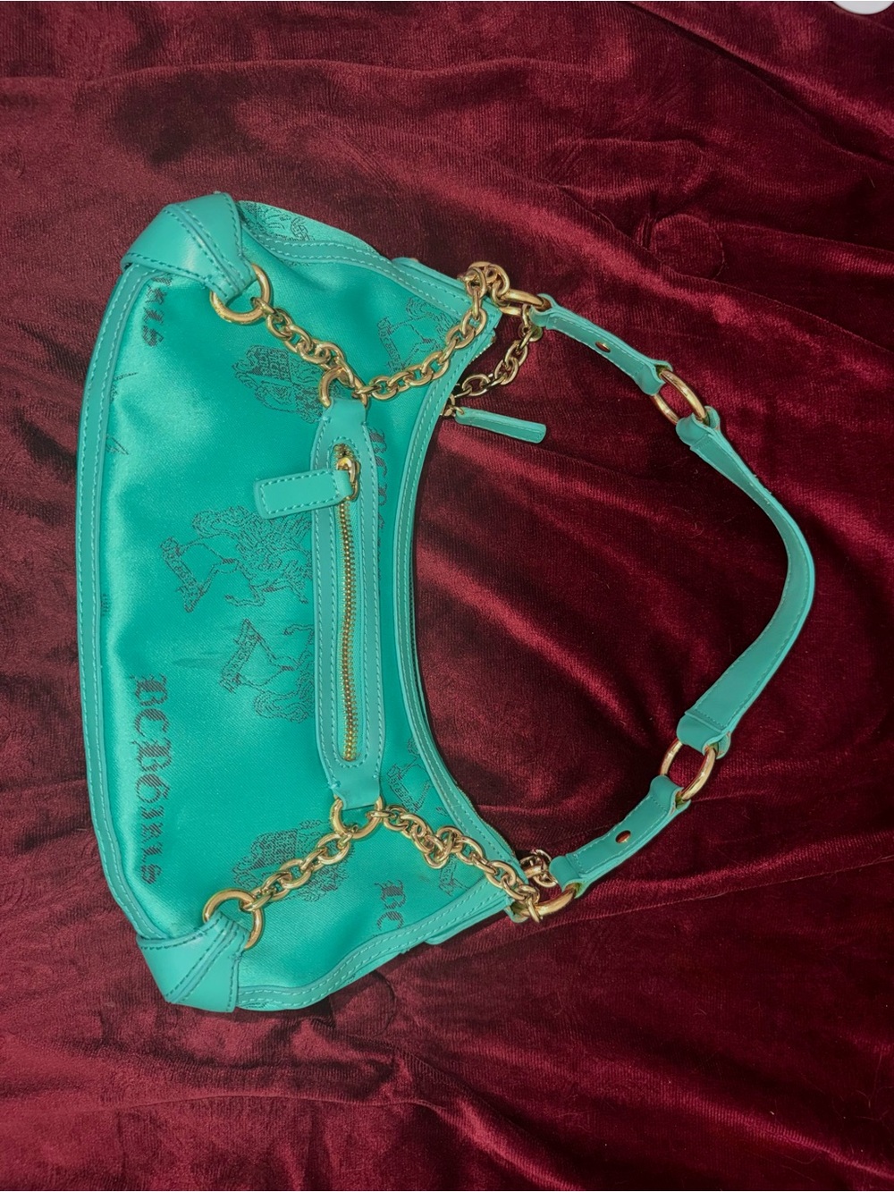 Vintage BCBGirls Turquoise Chain-Accent Women's Shoulder Bag Leather&Satin
